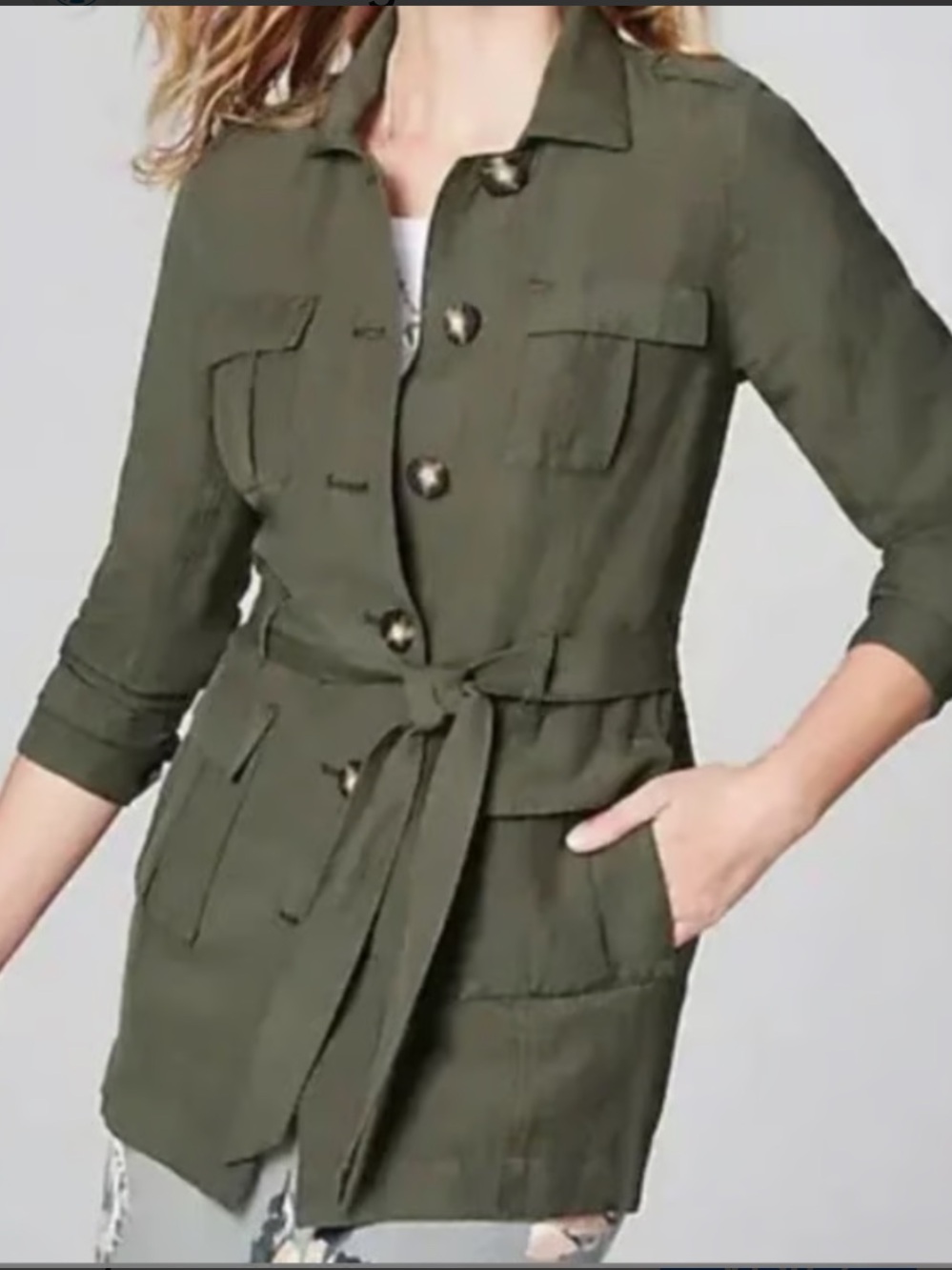 J. JILL UTILITY JACKET ARMY GREEN MILITARY OR SAFARI BUTTON UP LONG SLEEVE SZ LG